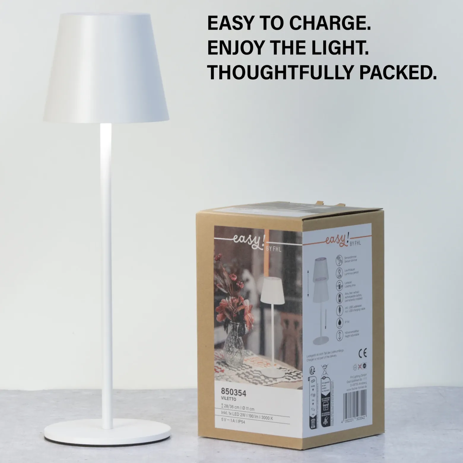 Lámpara de mesa LED recargable Viletto, blanca, IP54