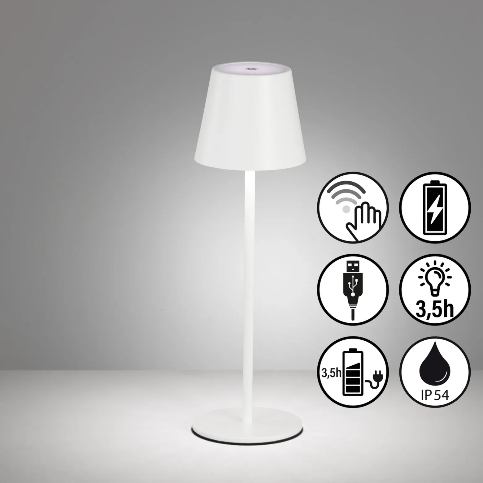 Lámpara de mesa LED recargable Viletto, blanca, IP54