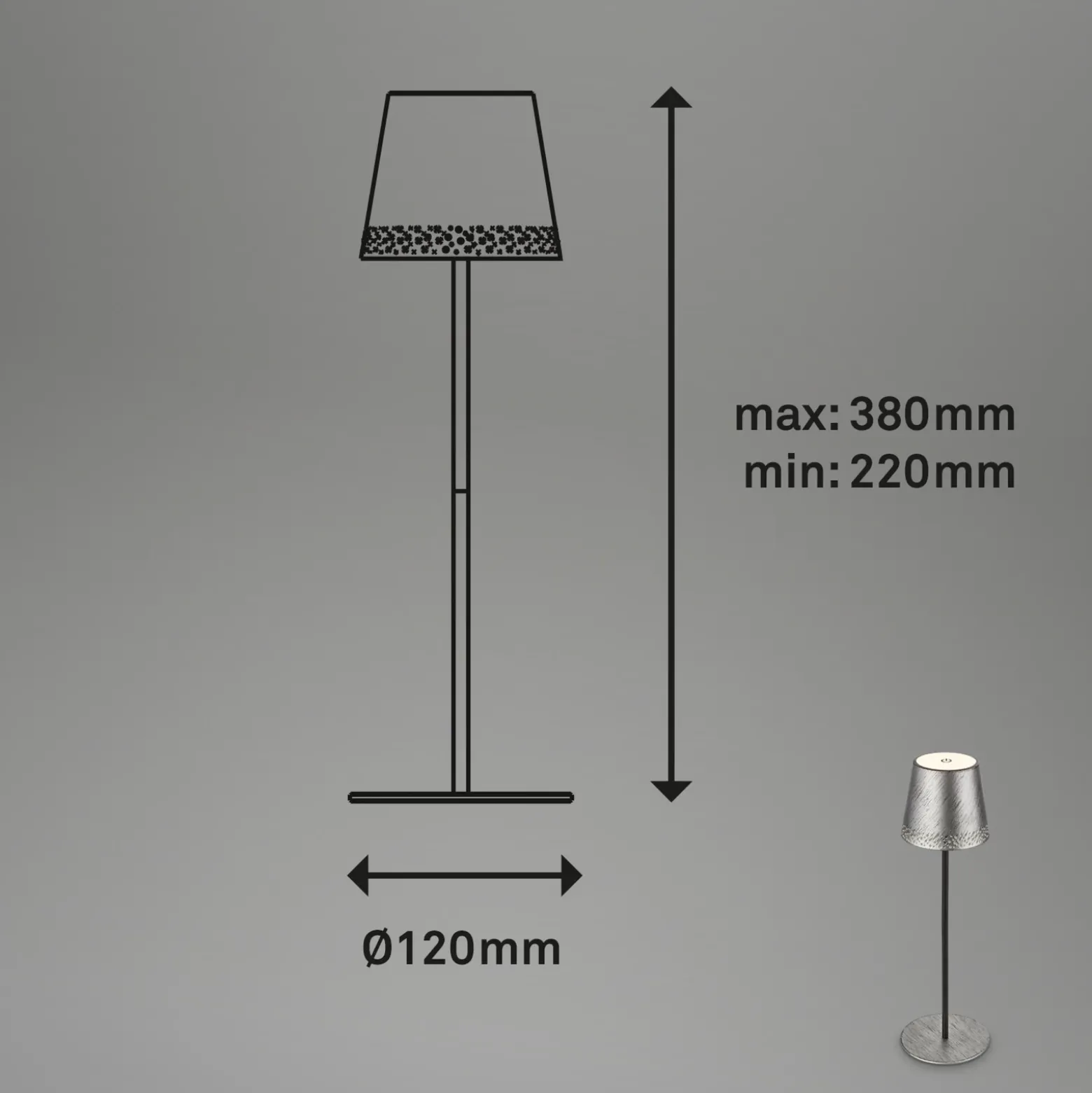 Lámpara de mesa LED recargable Kiki, plata envejecida, IP44, 3.000K