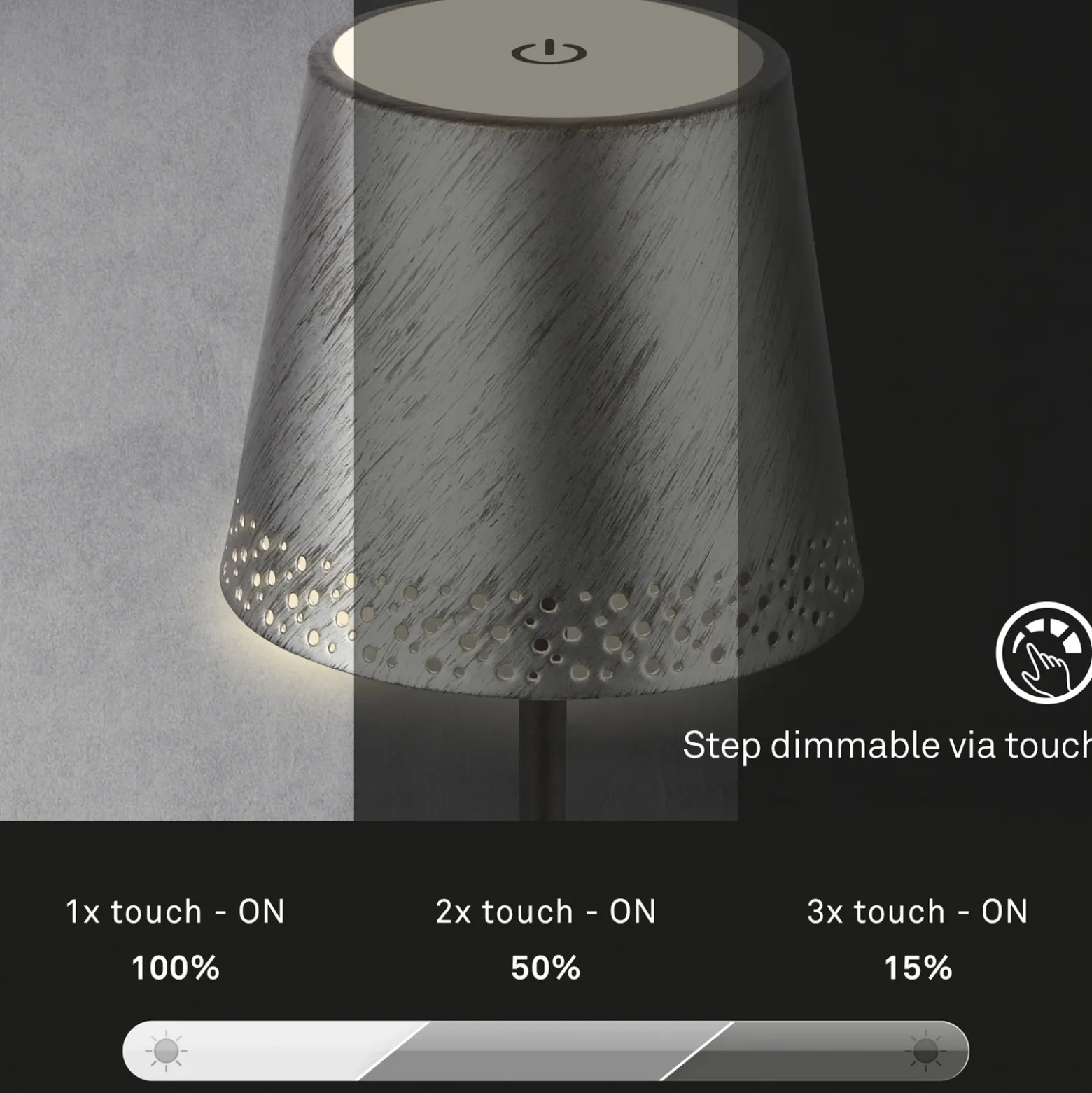 Lámpara de mesa LED recargable Kiki, plata envejecida, IP44, 3.000K