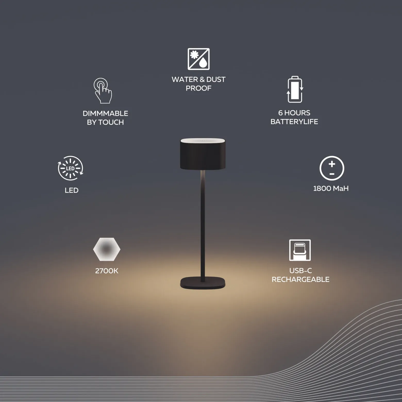 Lámpara de mesa LED recargable Calex Serino, negro, aluminio, 2700 K