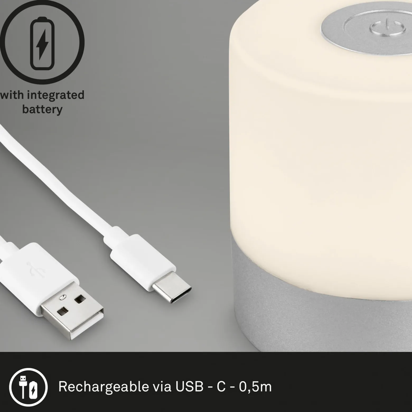 Lámpara de mesa LED recargable Smal, color cromo, 2.700K, atenuable