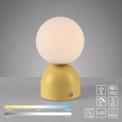 Lámpara de mesa LED recargable RUDI, amarilla, altura 20 cm, CCT, regulación