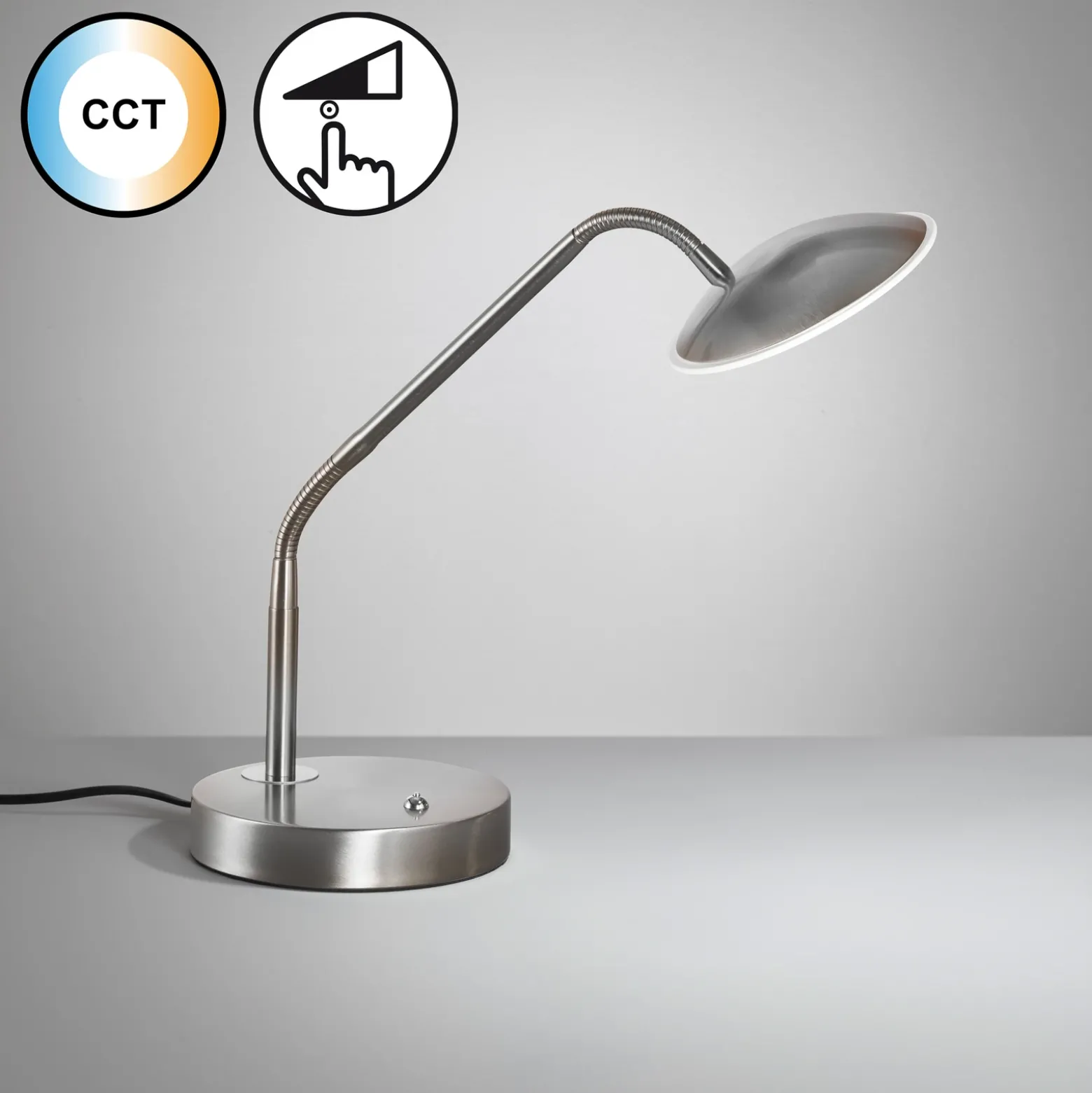 Lámpara de mesa LED Tallri, níquel, altura 60 cm, regulador táctil CCT