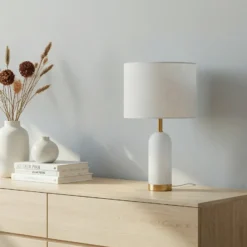 Lámpara de mesa Lindby alabastro, blanco/oro, Ø 30 cm, mármol, E27