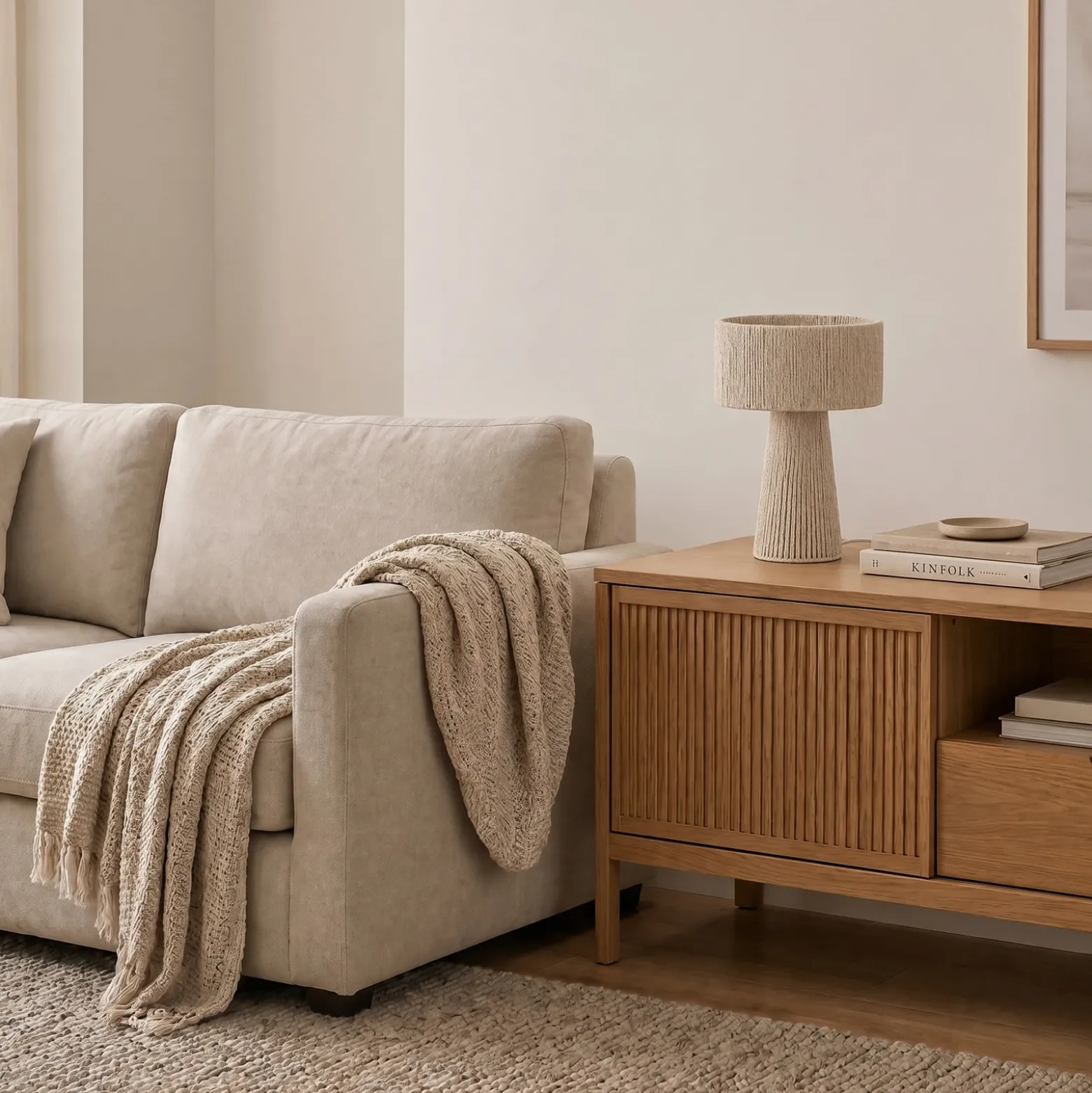 Lámpara de mesa Lindby Anuva, altura 42 cm, papel, beige, E27