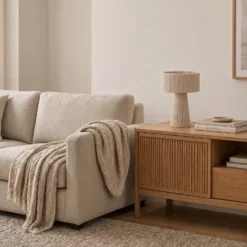 Lámpara de mesa Lindby Anuva, altura 42 cm, papel, beige, E27