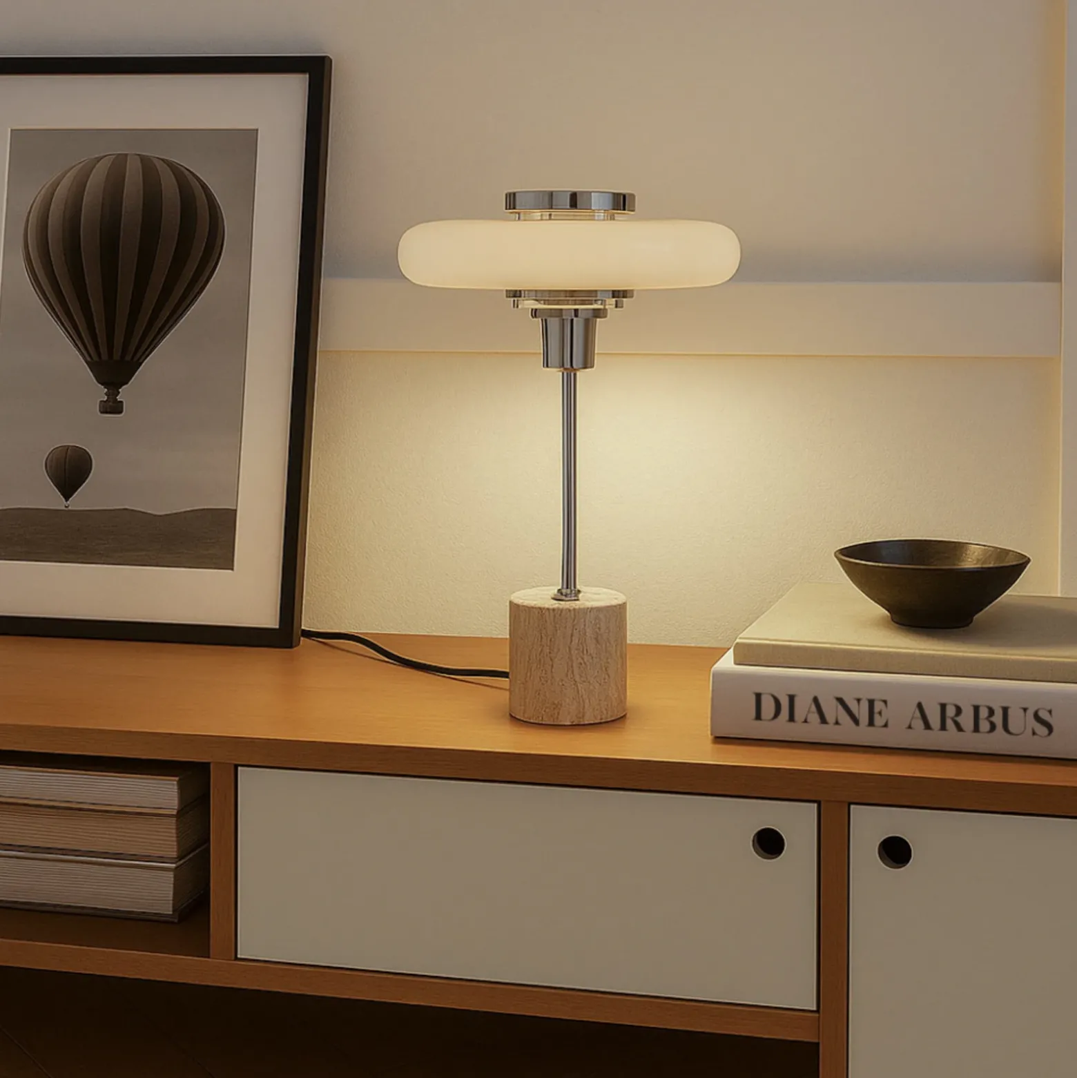 Lámpara de mesa Lindby Branford, retro, beige, metal/travertino
