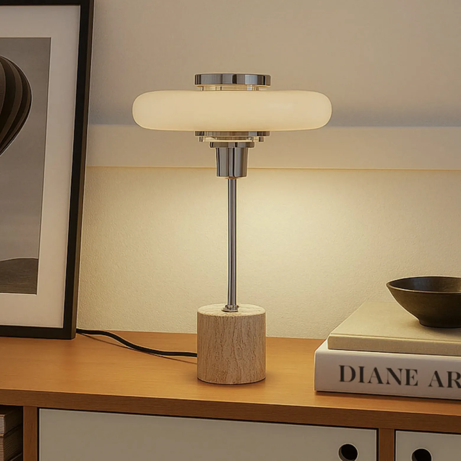 Lámpara de mesa Lindby Branford, retro, beige, metal/travertino