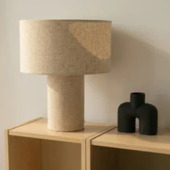 Lámpara de mesa Lindby Elfie, Ø 35 cm, beige, lino, E27