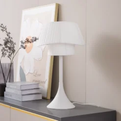 Lámpara de mesa Lindby Eryndor, blanca, textil, Ø 30 cm, E27