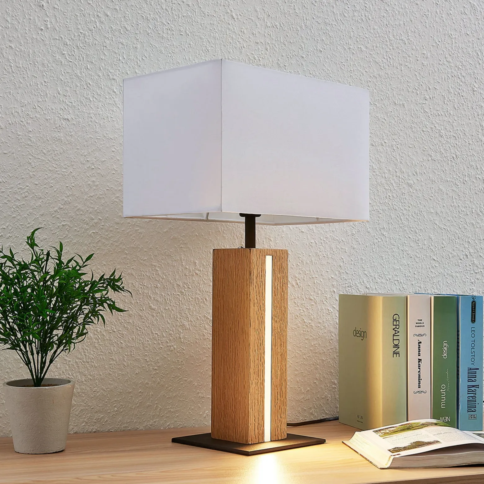 Lámpara de mesa Lindby Garry, 2 luces, blanca, madera, 53 cm, E27