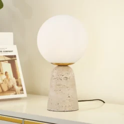 Lámpara de mesa Lindby Kirstan, beige, blanco, cristal, piedra, 33 cm