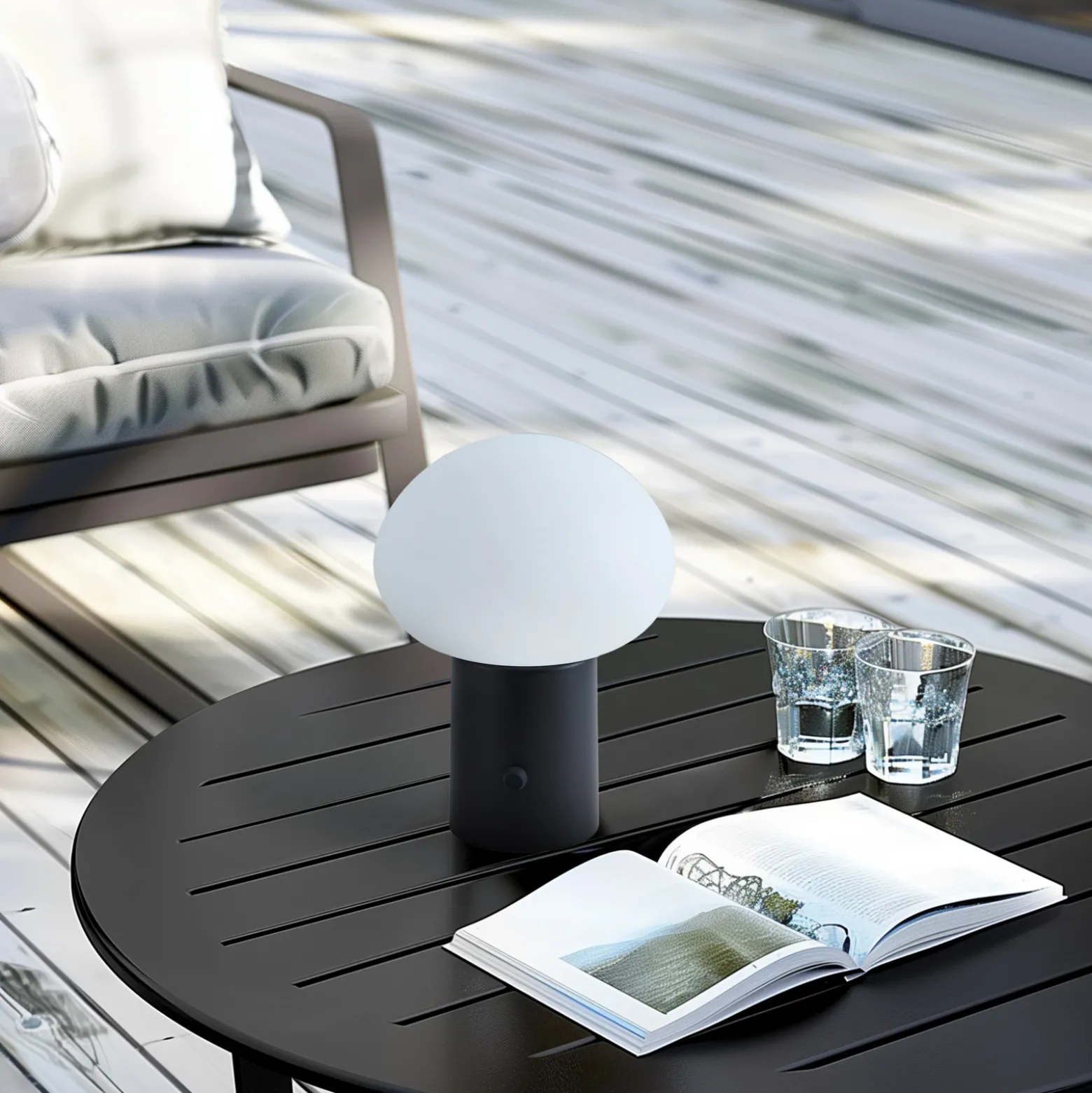 Lámpara de mesa Lindby LED recargable Zelie, negra, aluminio, IP44