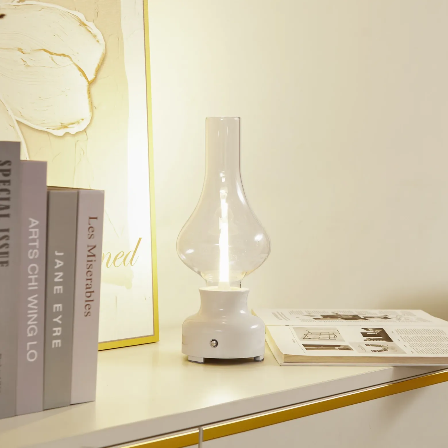 Lámpara de mesa Lindby LED recargable Maxentius, crema, cristal, atenuador