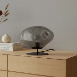 Lámpara de mesa Lindby Lelia, gris humo, cristal, metal, Ø 35 cm