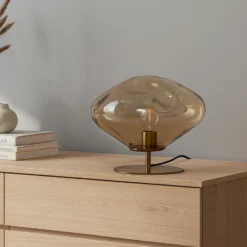 Lámpara de mesa Lindby Lelia, ámbar, cristal, metal, Ø 35 cm