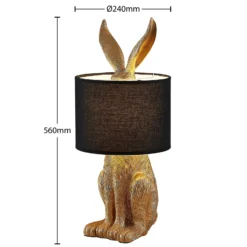 Lámpara de mesa Lindby Lorentina, altura 57 cm, conejo, dorada, textil