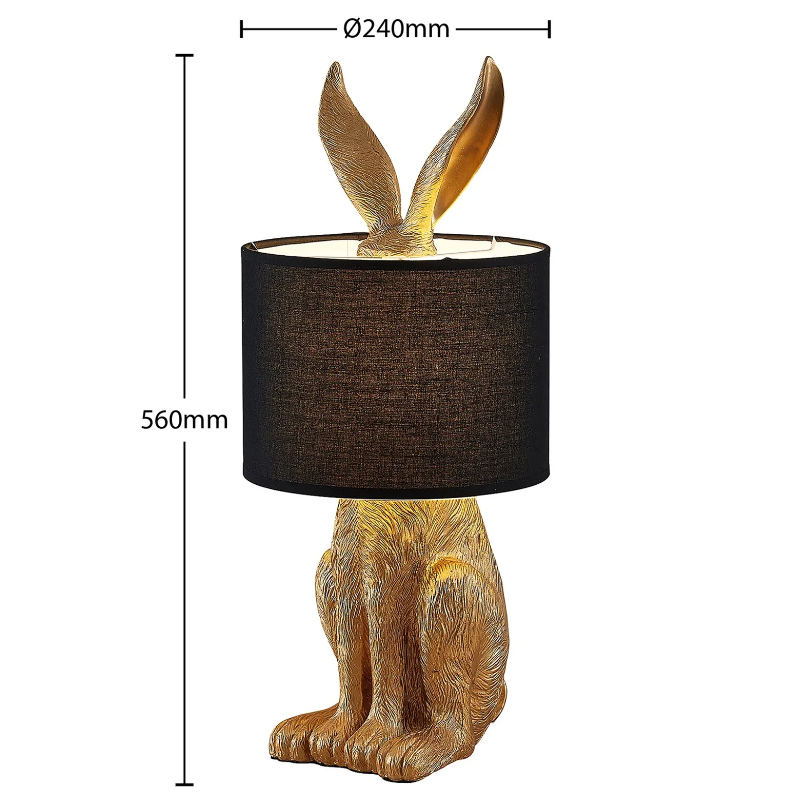 Lámpara de mesa Lindby Lorentina, altura 57 cm, conejo, dorada, textil
