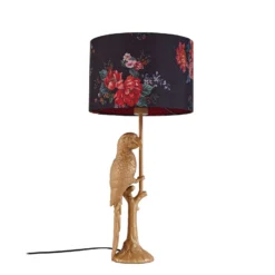 Lámpara de mesa Lindby Marula, dorada, estampado floral, textil, E27