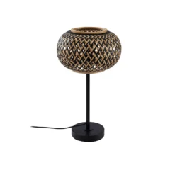 Lámpara de mesa Lindby Nerys, negra, bambú, Ø 28 cm