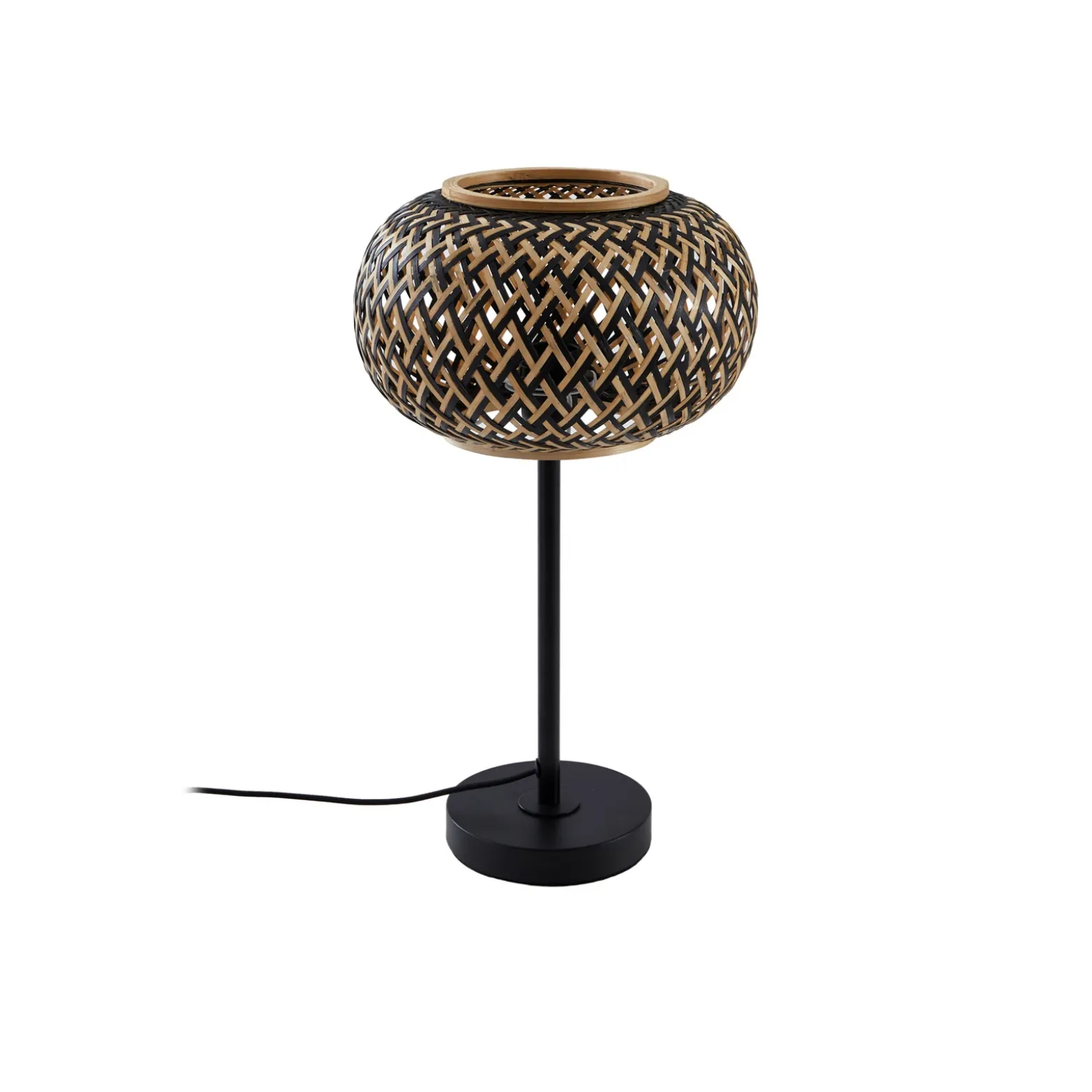 Lámpara de mesa Lindby Nerys, negra, bambú, Ø 28 cm