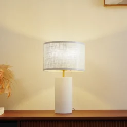 Lámpara de mesa Lindby Sorscha, blanca, hierro, Ø 26 cm