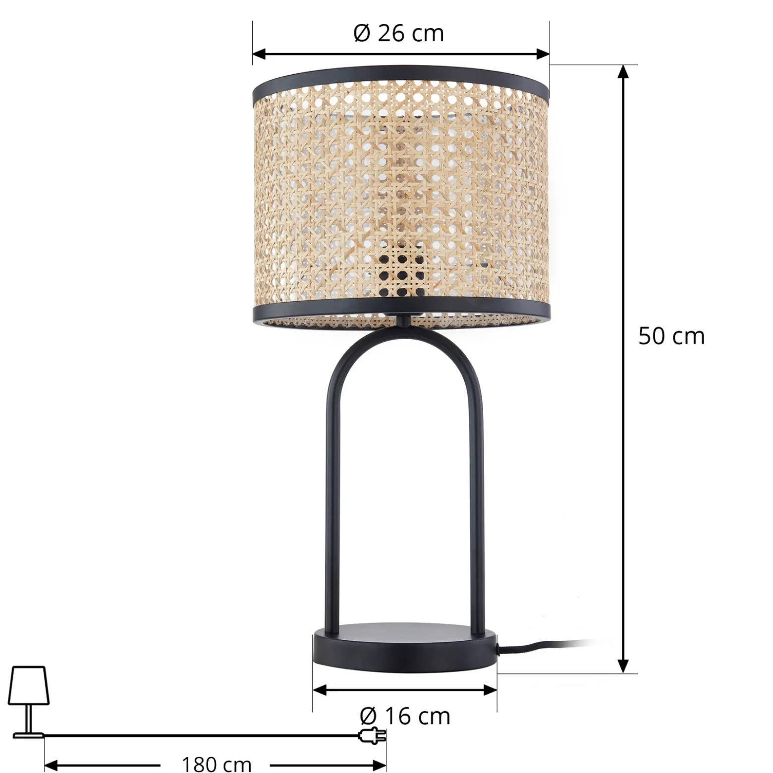Lámpara de mesa Lindby Yaelle, 50 cm de altura, ratán, negro, E27