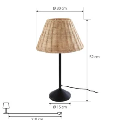Lámpara de mesa Lindby Zyralia, color madera, ratán, Ø 30 cm