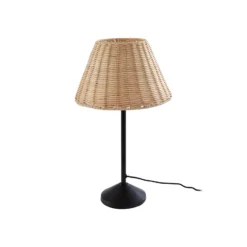 Lámpara de mesa Lindby Zyralia, color madera, ratán, Ø 30 cm