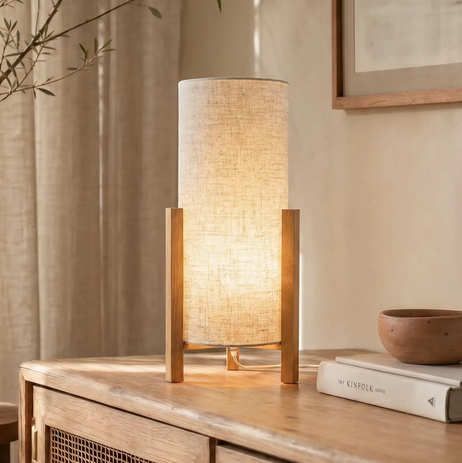 Lámpara de mesa 3193, madera, textil de lino, altura 52cm