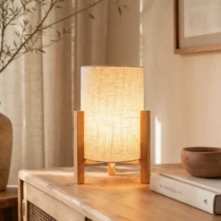 Lámpara de mesa 3193, madera, textil de lino, altura 32cm