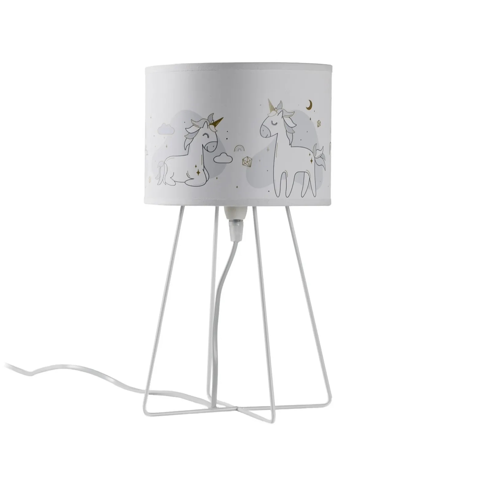 Lámpara de mesa Mila, tela, unicornios, E14, altura 32,5 cm