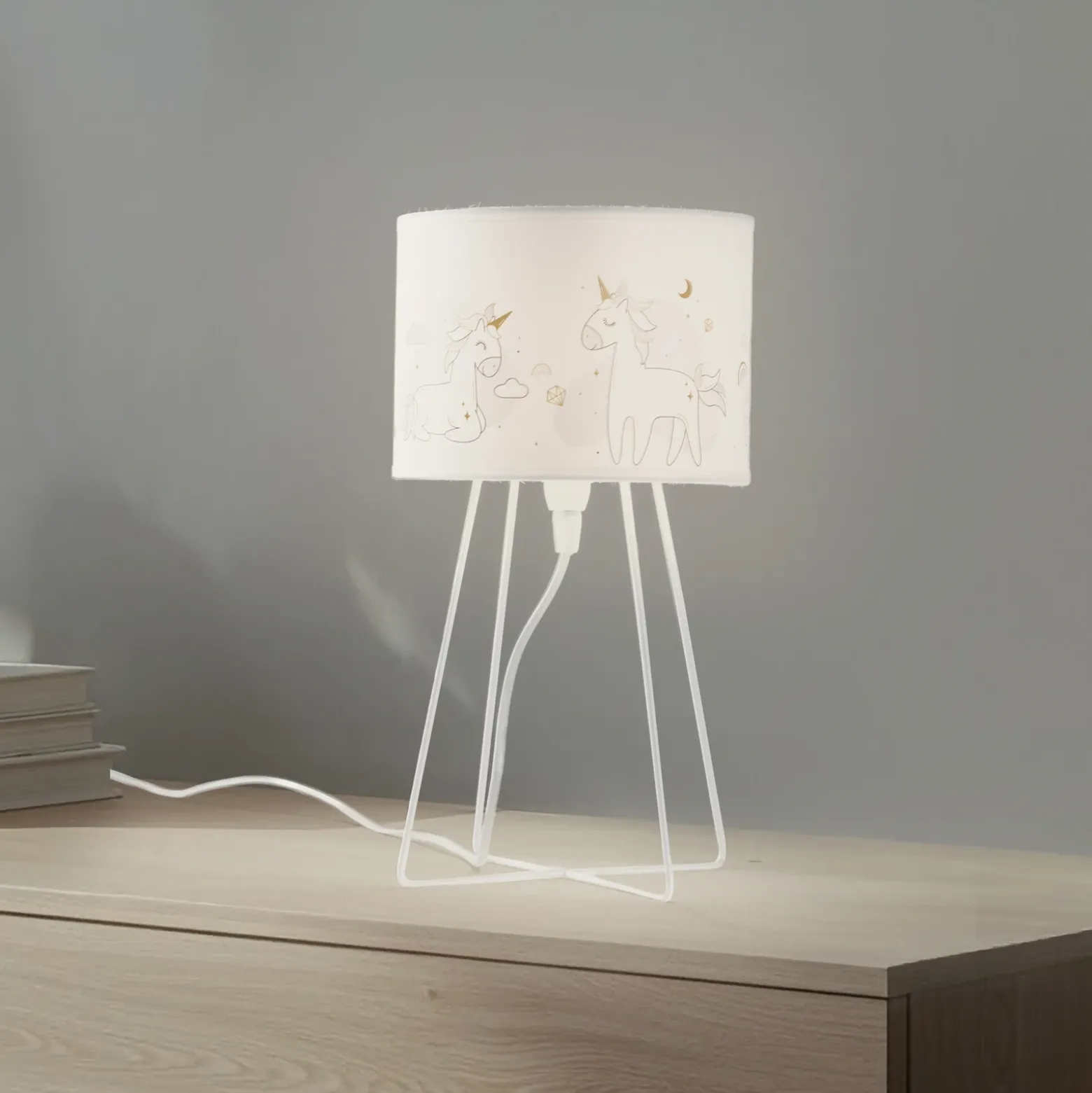 Lámpara de mesa Mila, tela, unicornios, E14, altura 32,5 cm