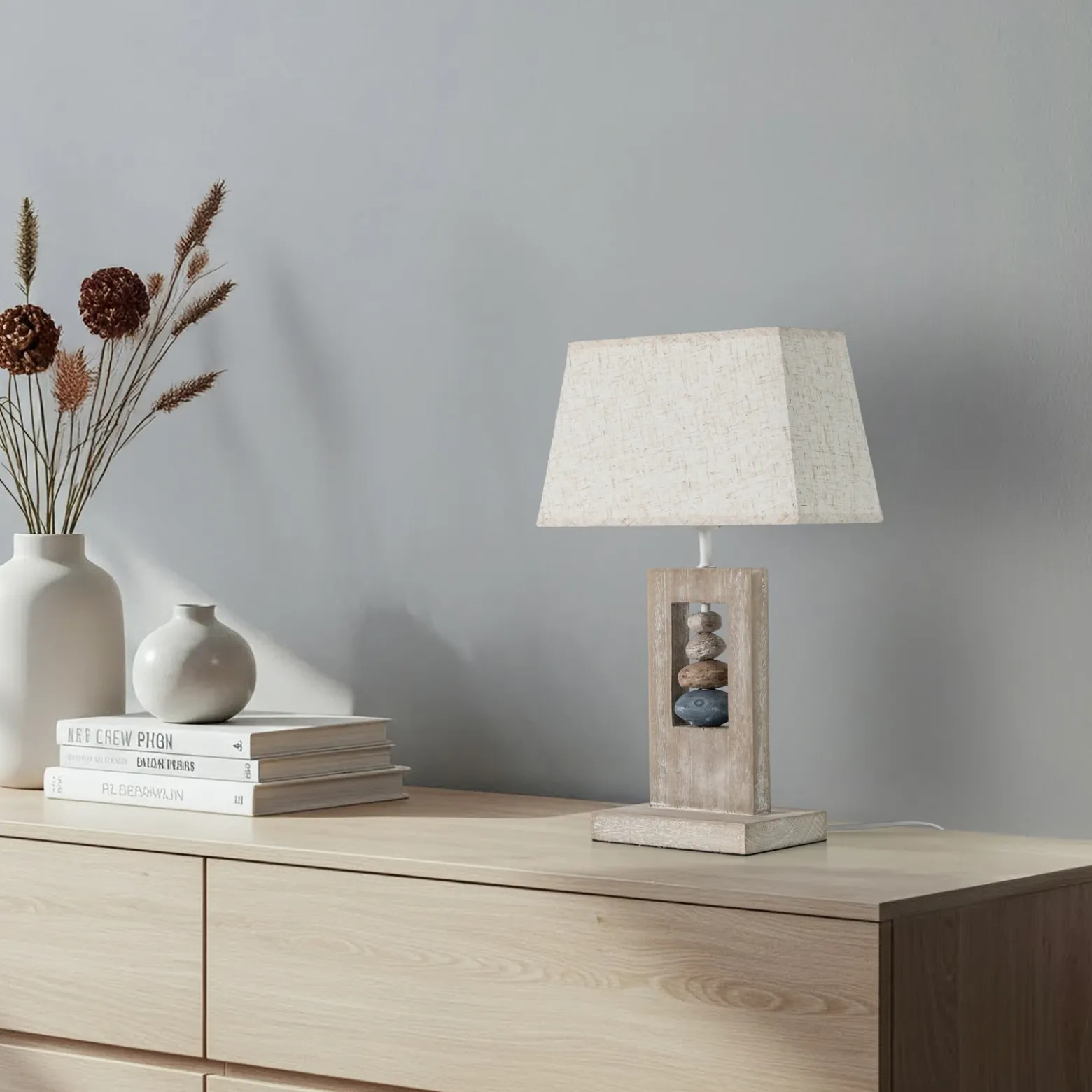 Lámpara de mesa Miriel, altura 46 cm, textil, madera