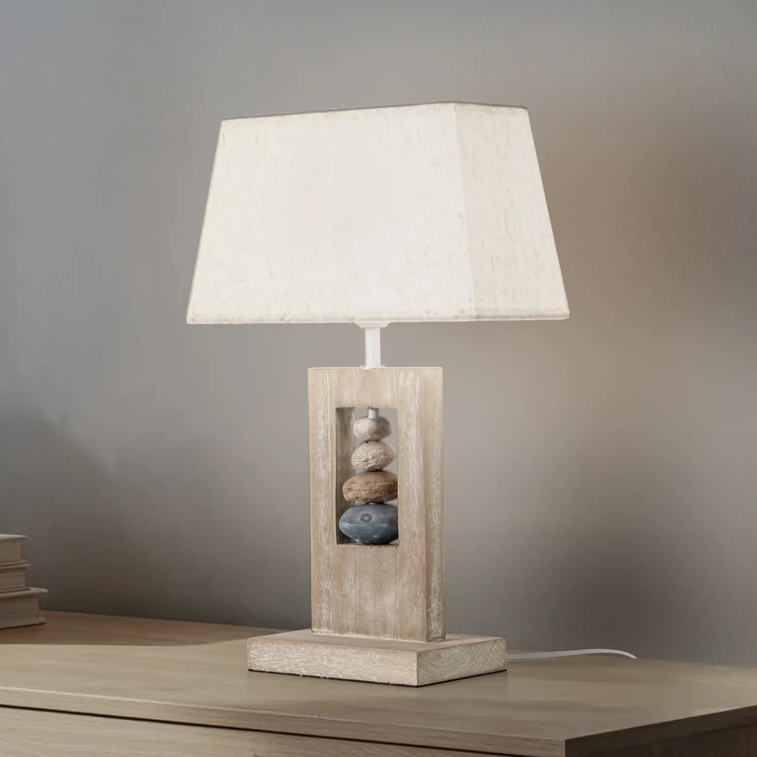 Lámpara de mesa Miriel, altura 46 cm, textil, madera