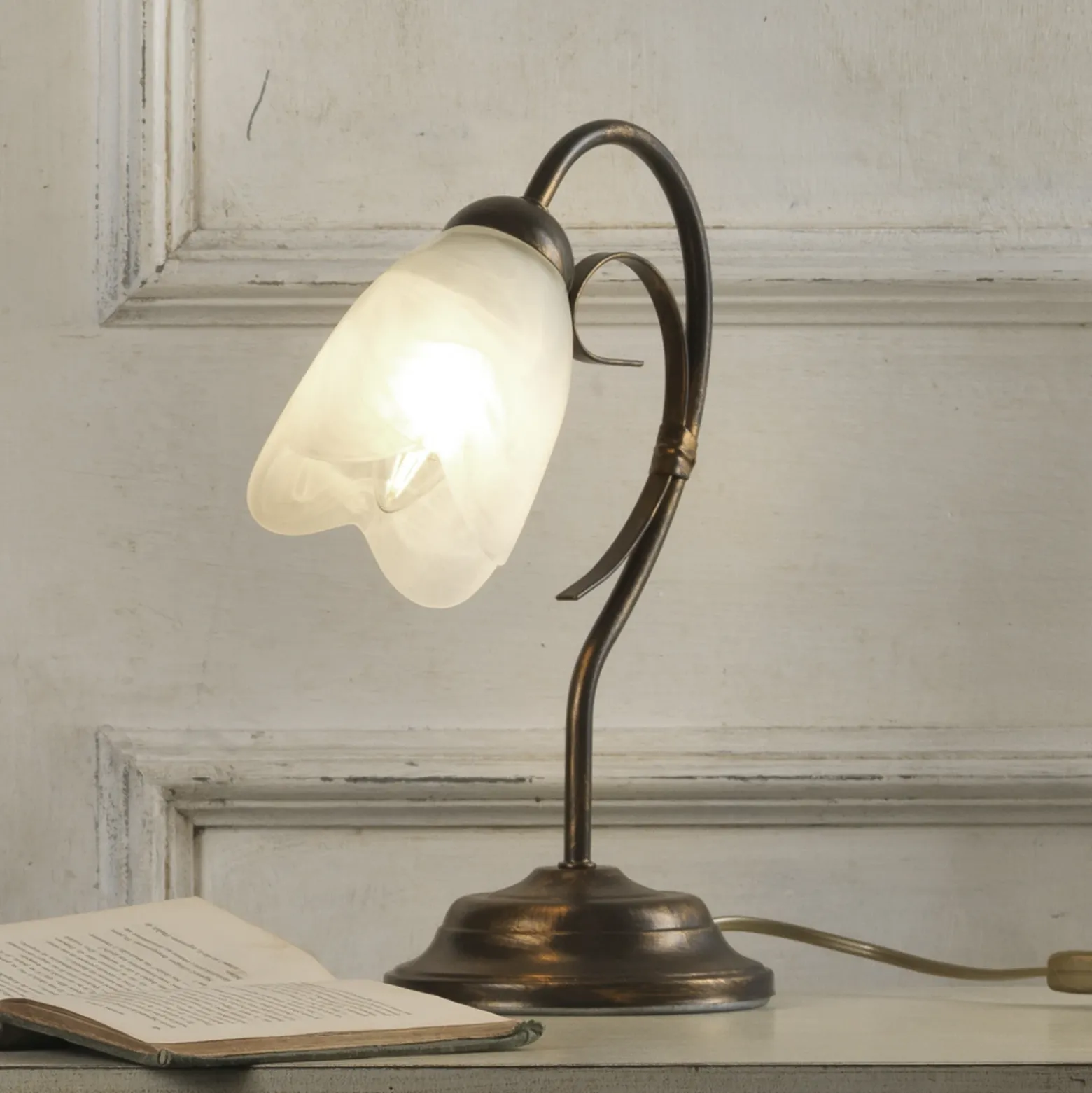 Lámpara de mesa Odino, 1 luz, color bronce, metal, cristal