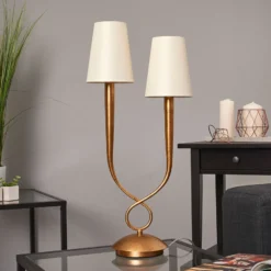 Lámpara de mesa Paola 2 luces dorada con pantallas textiles