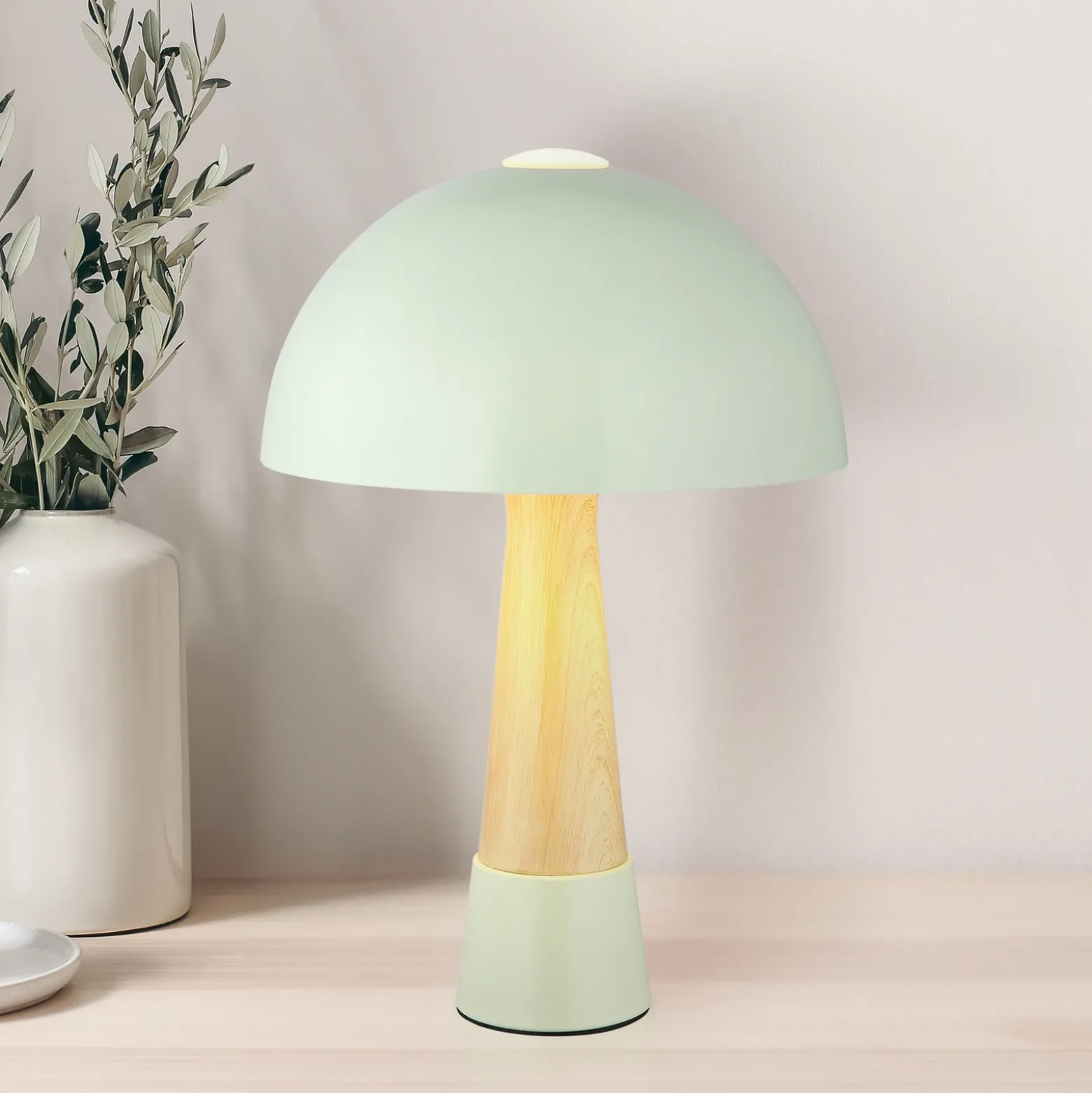 Lámpara de mesa Paulin, verde/efecto madera, metal, 37 cm, E27