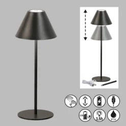 Lámpara de mesa recargable Kano LED, negra, atenuable, regulable, IP54