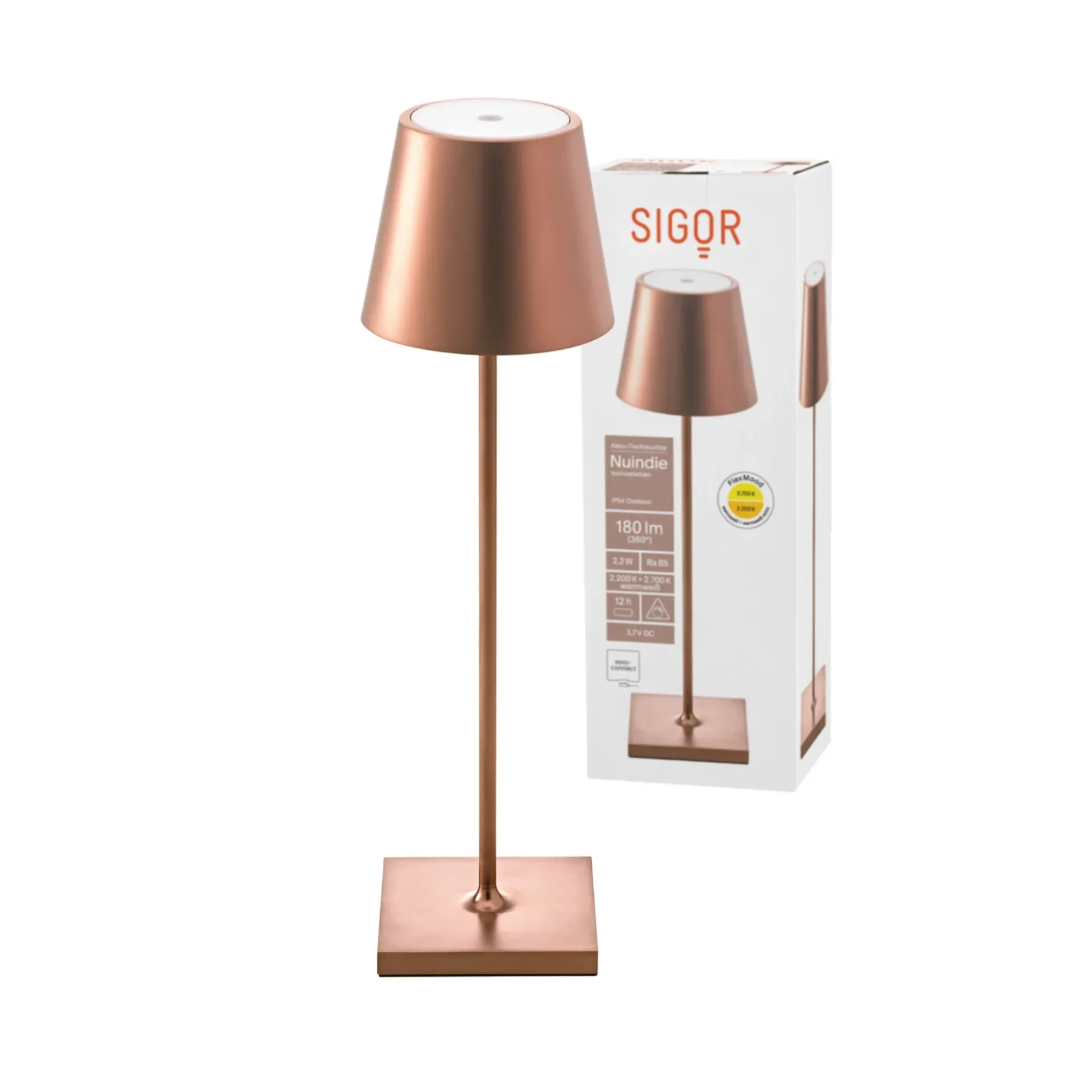 Lámpara de mesa recargable Nuindie LED, USB-C, bronce, IP54, atenuable