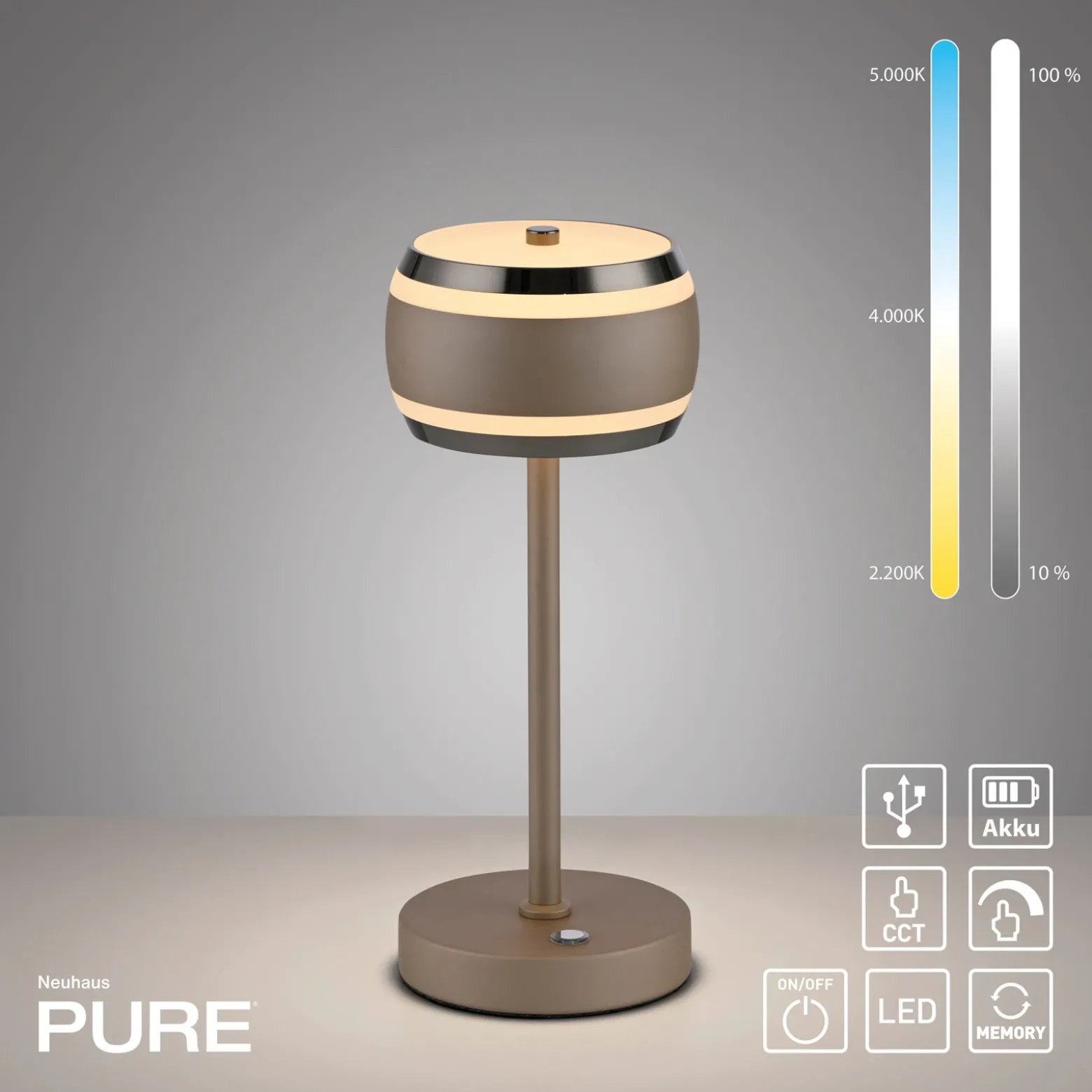 Lámpara de mesa recargable PURE Falling Rings, bronce/cromo oscuro, CCT