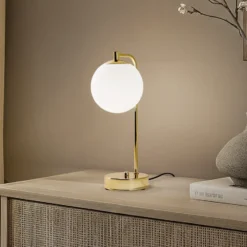 Lámpara de mesa Rico, cristal/metal, dorado/blanco, altura 36 cm