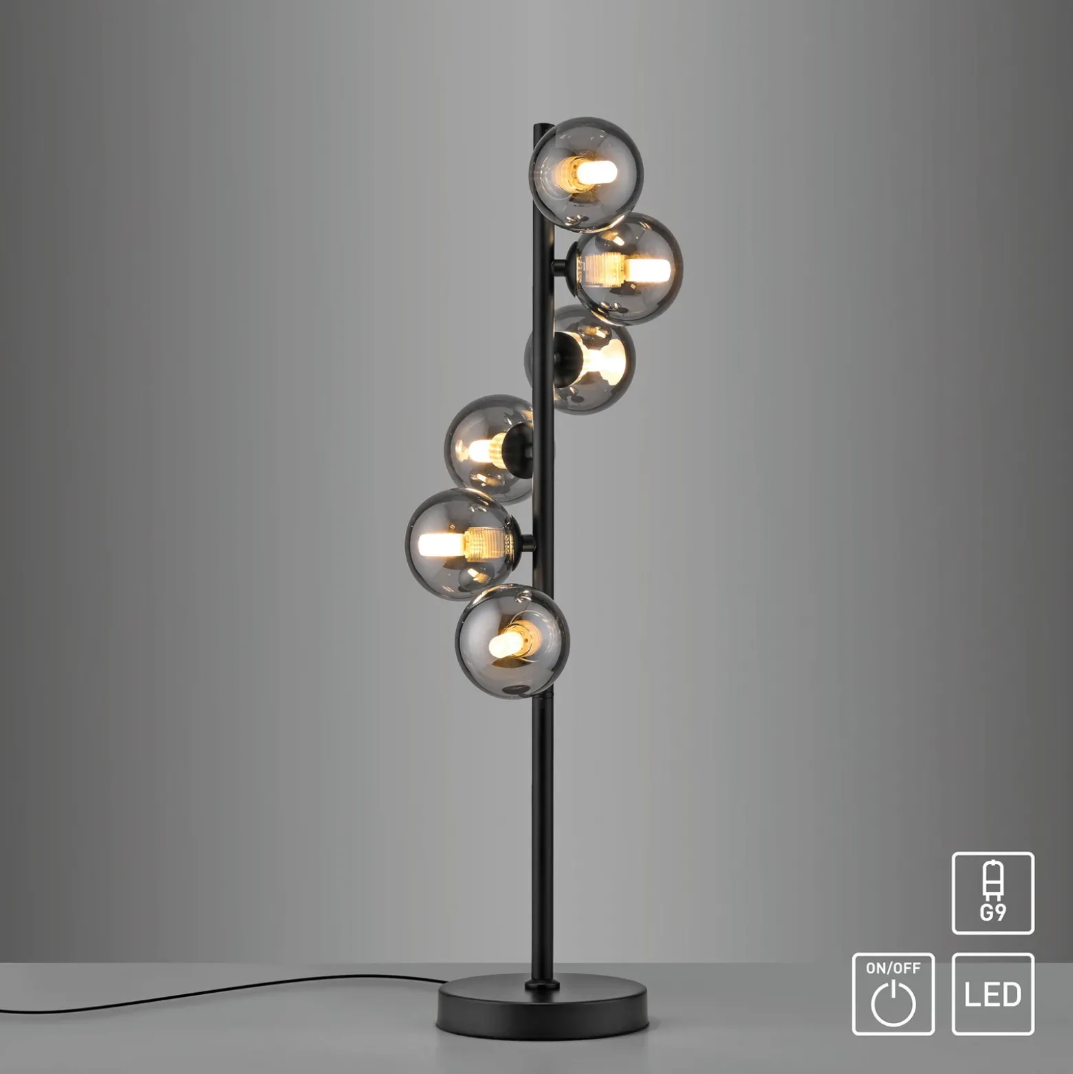 Lámpara de mesa SCHÖNER WOHNEN Dubai, cristal ahumado, 6 luces, G9