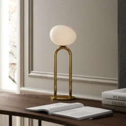 Lámpara de mesa Shapes, blanco/latón, cristal, 47 cm de altura, E27