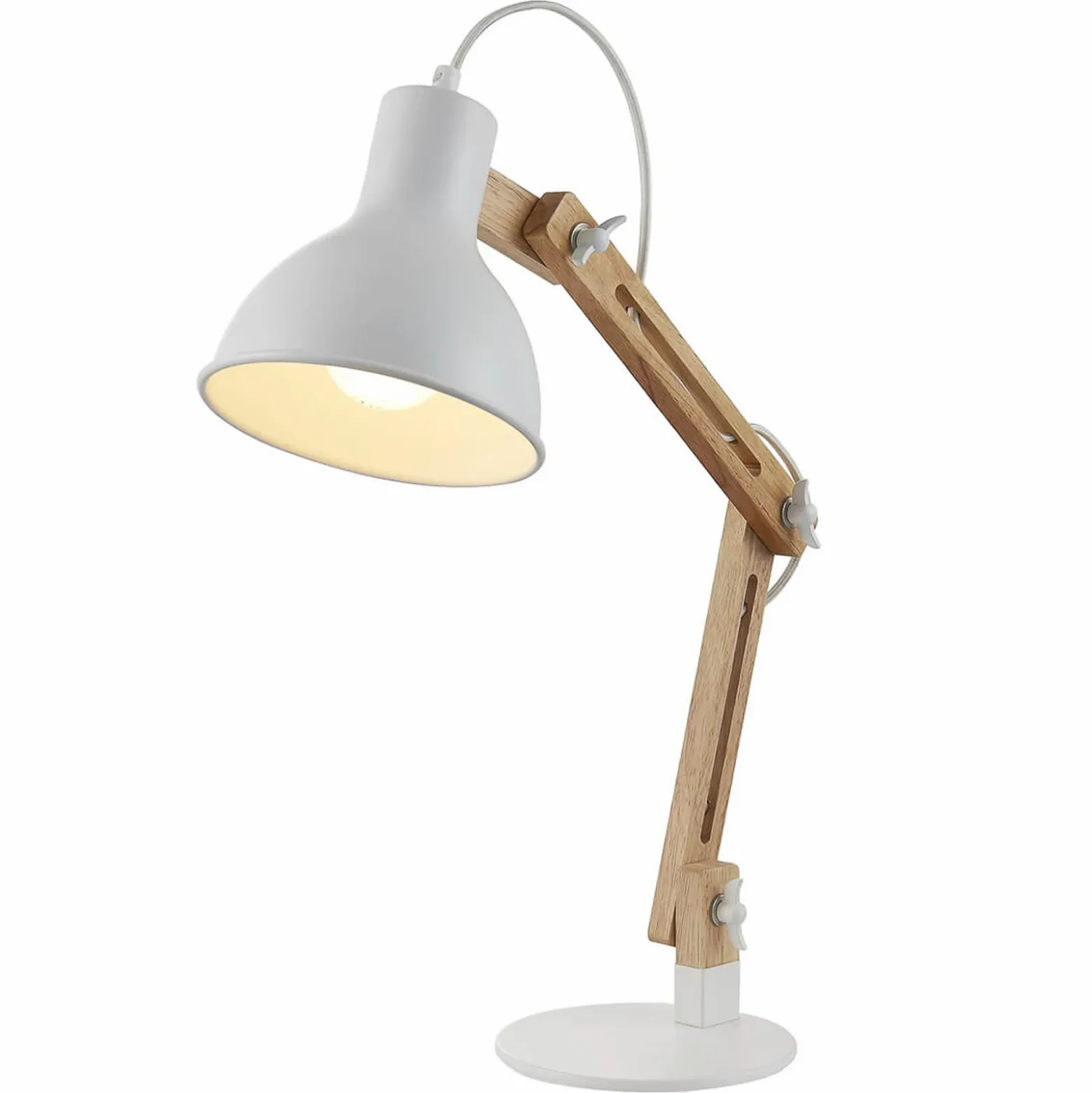 Lámpara de mesa Shivanja madera, pantalla blanca