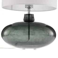 Lámpara de mesa Skien, pantalla blanca, base de cristal gris humo