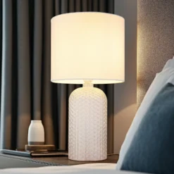 Lámpara de mesa Sofia, blanca, altura 50 cm, tela/cristal