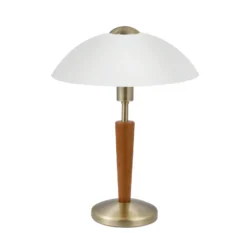 Lámpara de mesa SOLO 1, bruñida/nogal, altura 35 cm, metal/vidrio atenuable