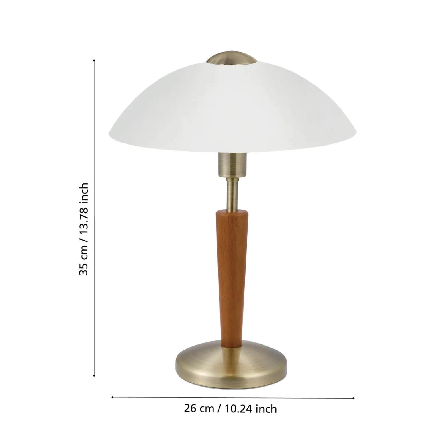 Lámpara de mesa SOLO 1, bruñida/nogal, altura 35 cm, metal/vidrio atenuable